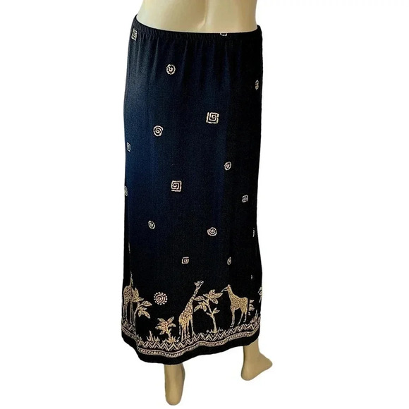 Alfred Dunner Vintage Pull On Maxi Pencil Skirt Size 16 Black Gold Safari Print - Picture 2 of 15